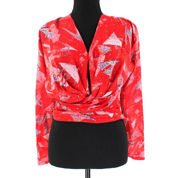 IRO Red Geometric Washable Silk Gabota Top V-Neck Long Sleeve Blouse 36 Small - Picture 2 of 10